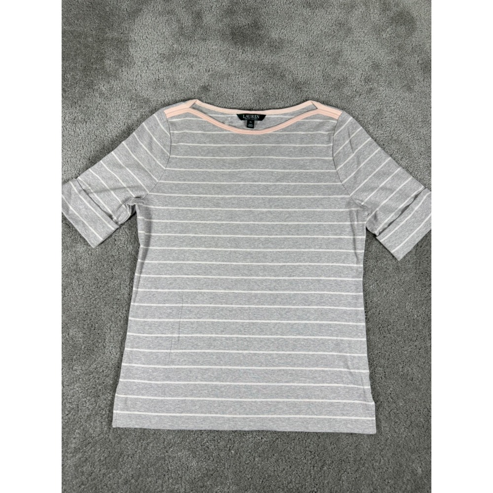 Lauren Ralph Lauren Grey White Striped Boat Neck Cuffed Sleeve Top XL NEW